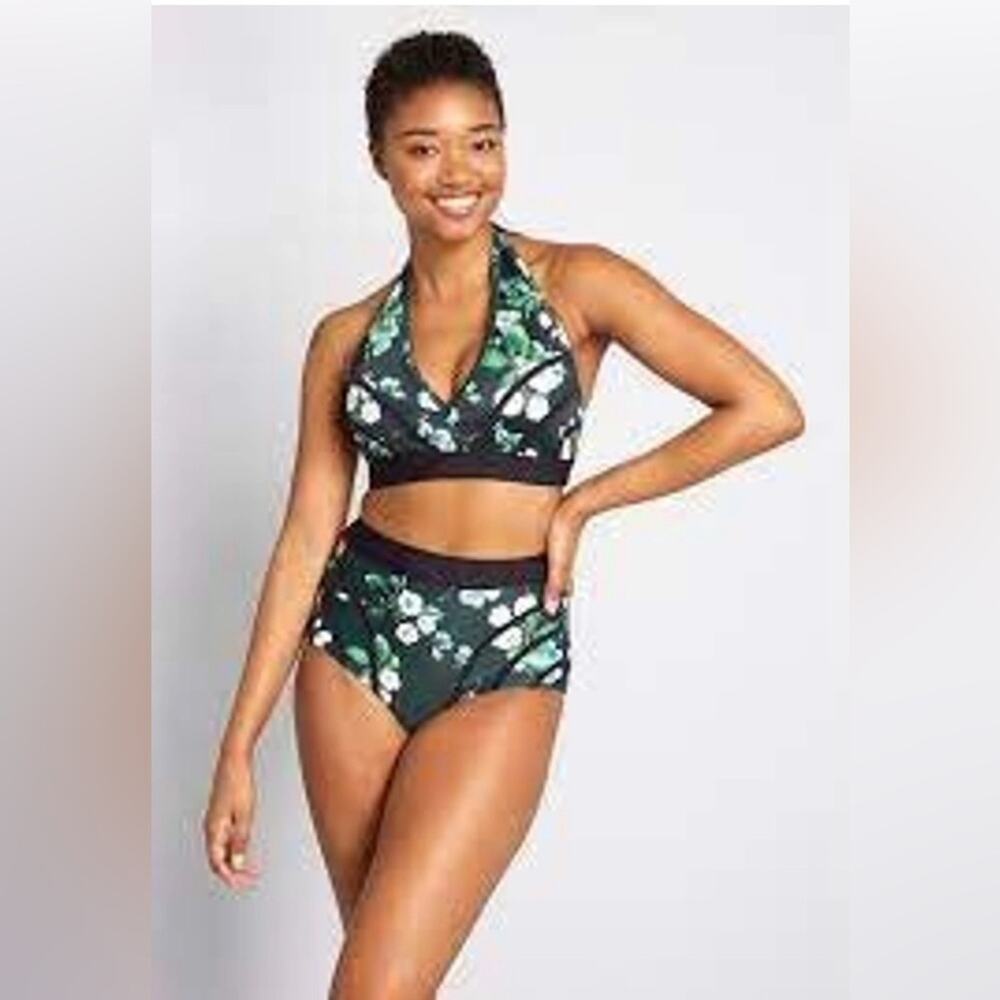 ModCloth retro dark floral high waisted halter top 2 piece swimsuit. Size L